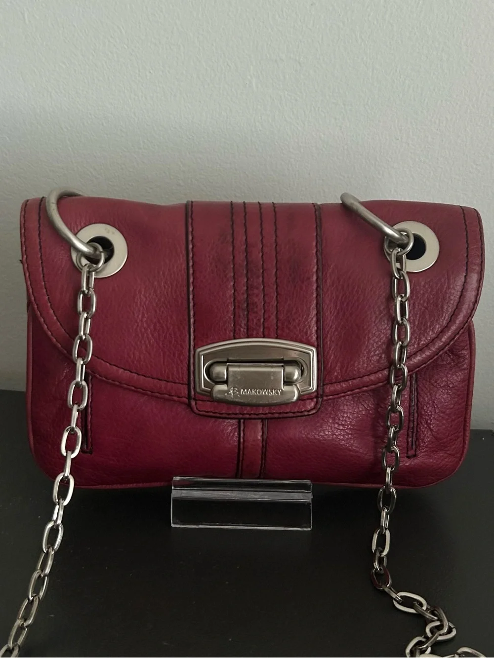 B. Makowsky Burgundy Pebbled Leather Crossbody Bag Silver Chain Purse